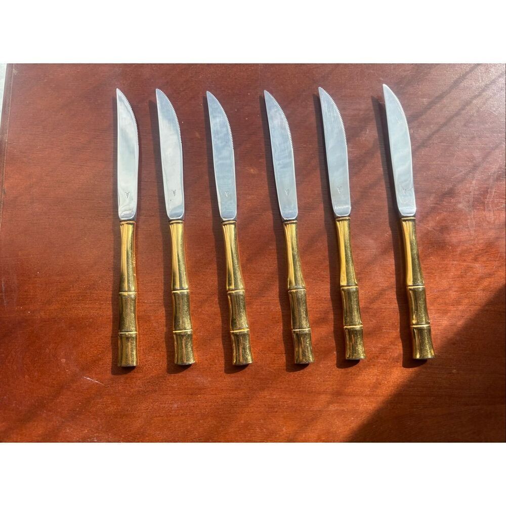 Towle Golden Bamboo Electroplated Steak Knives Set of 6 Stainless 8 1/2”